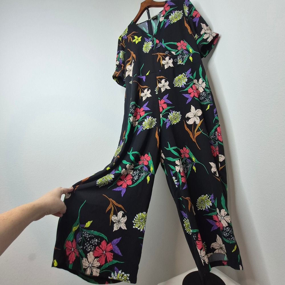 Worthington Floral Wide Leg Jumpsuit Black V-Neck Maximalist Dopamine Romper XL